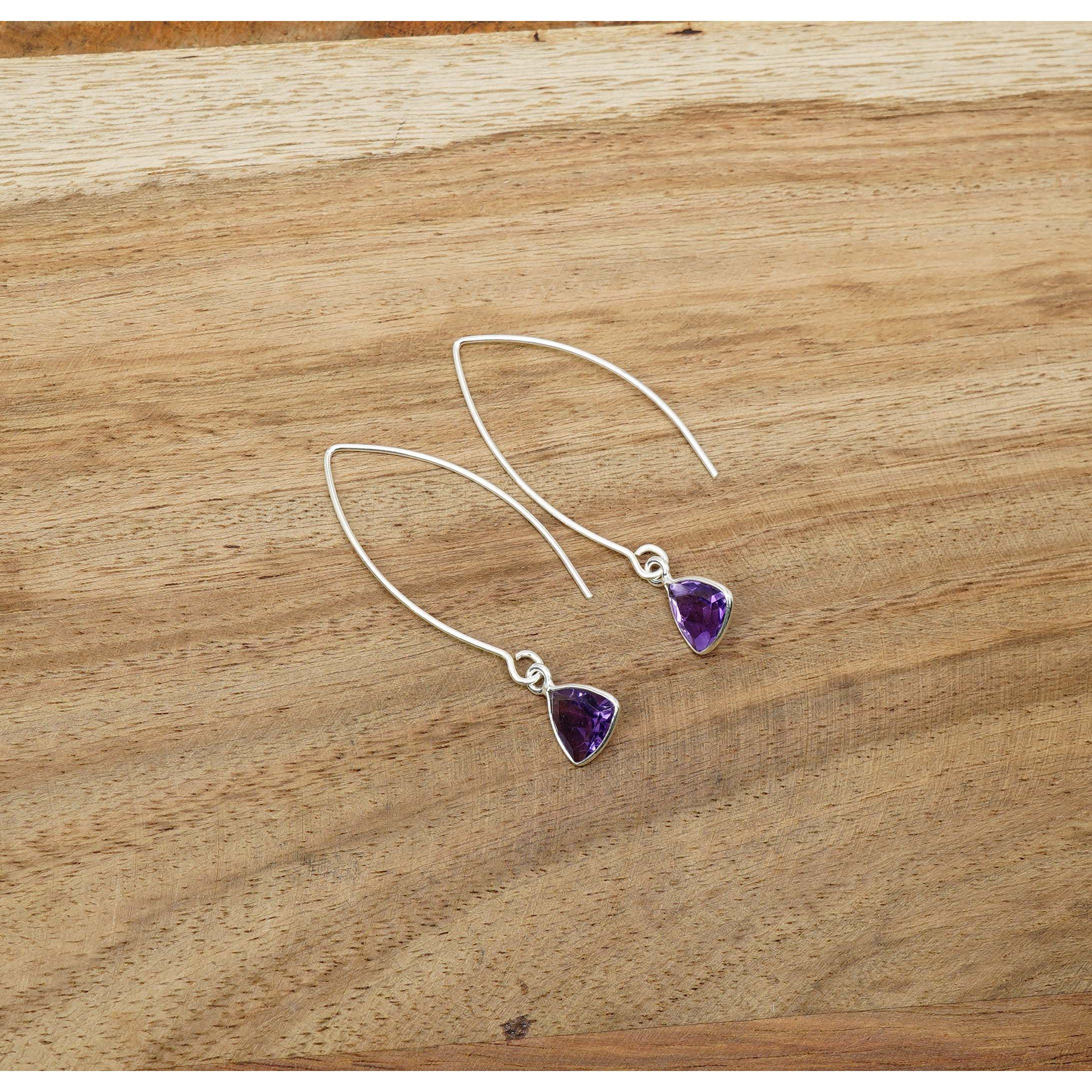 Women's 925 Sterling Silver Minimalist Triangle Amethyst Hoop Earrings
